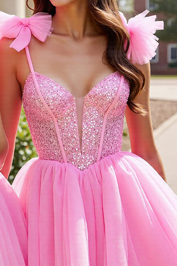 Sparkly Pink A Line Homecoming Dress with Bows